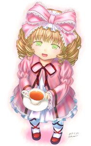 Rating: Safe Score: 0 Tags: 1girl auto_tagged blonde_hair bow cup dress drill_hair frills green_eyes hair_bow hina_ichigo hinaichigo image long_sleeves looking_at_viewer open_mouth pantyhose pink_bow pink_dress ribbon saucer shoes smile solo tea teacup white_legwear User: admin