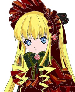 Rating: Safe Score: 0 Tags: 1girl bangs blonde_hair blue_eyes bonnet bow bowtie dress flower hair_ribbon image long_hair long_sleeves looking_at_viewer pink_rose rose shinku simple_background solo twintails upper_body white_background User: admin