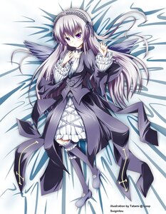 Rating: Safe Score: 0 Tags: 1girl bed_sheet blush boots dakimakura dress frills full_body hairband image long_hair long_sleeves looking_at_viewer lying on_back purple_eyes silver_hair solo suigintou thighhighs very_long_hair wings User: admin