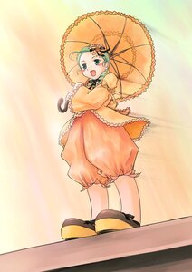 Rating: Safe Score: 0 Tags: 1girl auto_tagged bloomers dress full_body green_eyes green_hair holding_umbrella image kanaria long_sleeves open_mouth parasol shoes smile solo umbrella underwear User: admin
