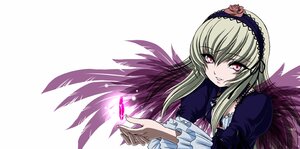 Rating: Safe Score: 0 Tags: 1girl black_wings detached_collar dress frilled_sleeves frills hairband image long_hair long_sleeves looking_at_viewer pink_eyes silver_hair simple_background solo suigintou upper_body wings User: admin