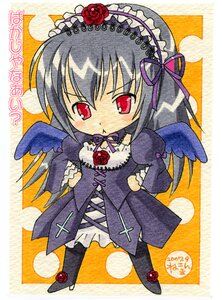 Rating: Safe Score: 0 Tags: 1girl black_wings chibi dress flower frills full_body gothic_lolita hairband hands_on_hips image lolita_fashion long_hair long_sleeves looking_at_viewer red_eyes rose solo standing suigintou traditional_media wings User: admin