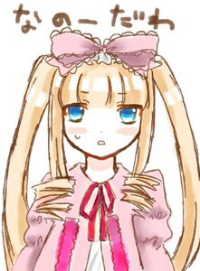 Rating: Safe Score: 0 Tags: 1girl :< :o blonde_hair blue_eyes blush bow costume_switch dress drill_hair image long_hair long_sleeves pink_bow pink_dress pink_ribbon ribbon simple_background solo striped sweatdrop twin_drills twintails upper_body white_background User: admin