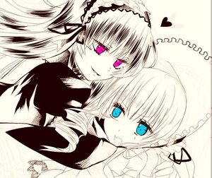 Rating: Safe Score: 0 Tags: 2girls blue_eyes bonnet dress drill_hair hairband heart hug image lolita_hairband long_hair looking_at_viewer monochrome multiple_girls pair shinku smile spot_color suigintou twintails wings yuri User: admin