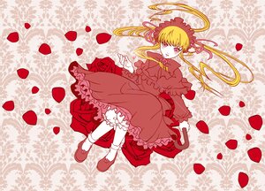 Rating: Safe Score: 0 Tags: 1girl blonde_hair bonnet dress flower image long_hair long_sleeves lying on_back petals red_dress red_flower red_rose rose rose_petals shinku shoes solo twintails User: admin