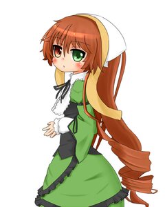 Rating: Safe Score: 0 Tags: 1girl blush brown_hair dress drill_hair frills green_dress green_eyes head_scarf heterochromia image long_hair long_sleeves looking_at_viewer ribbon simple_background solo suiseiseki twin_drills very_long_hair white_background User: admin