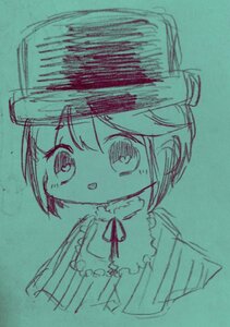 Rating: Safe Score: 0 Tags: 1girl bangs chibi dress eyebrows_visible_through_hair full_body hat image looking_at_viewer monochrome neck_ribbon open_mouth ribbon short_hair smile solo souseiseki standing traditional_media User: admin