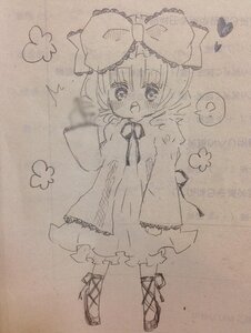 Rating: Safe Score: 0 Tags: 1girl :d blush bow dress eighth_note eyebrows_visible_through_hair full_body hair_bow heart hinaichigo image long_sleeves looking_at_viewer monochrome musical_note open_mouth photo short_hair sleeves_past_wrists smile solo spoken_heart spoken_musical_note standing traditional_media User: admin