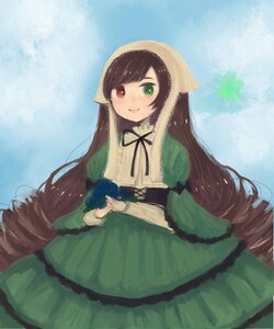 Rating: Safe Score: 0 Tags: 1girl blush brown_hair dress drill_hair frills green_dress green_eyes hat heterochromia image long_hair long_sleeves looking_at_viewer red_eyes smile solo suiseiseki very_long_hair watering_can User: admin