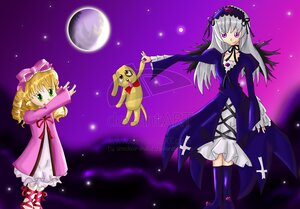 Rating: Safe Score: 0 Tags: 2girls blonde_hair bow dress drill_hair frills full_moon green_eyes hairband hina_ichigo hinaichigo image long_hair long_sleeves moon multiple_girls night pair pink_bow silver_hair sky star_(sky) suigintou thighhighs wings User: admin