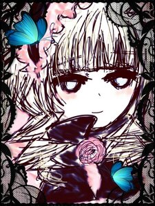 Rating: Safe Score: 0 Tags: 1girl auto_tagged blonde_hair blue_butterfly bug butterfly butterfly_hair_ornament flower hat image insect lace rose shinku smile solo User: admin