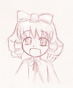 Rating: Safe Score: 0 Tags: 1girl :d bow drill_hair eyebrows_visible_through_hair hair_bow hinaichigo image looking_at_viewer monochrome open_mouth short_hair simple_background sketch smile solo traditional_media User: admin