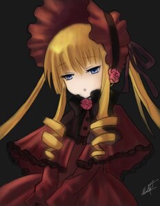 Rating: Safe Score: 0 Tags: 1girl black_background blonde_hair blue_eyes bonnet bow bowtie capelet dress flower image long_hair long_sleeves looking_at_viewer red_dress rose shinku signature simple_background solo twintails User: admin