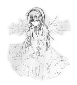 Rating: Safe Score: 0 Tags: 1girl auto_tagged closed_mouth dress eyebrows_visible_through_hair frills greyscale hairband image long_hair long_sleeves looking_at_viewer monochrome possible_duplicate simple_background solo suigintou very_long_hair white_background wings User: admin