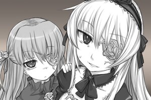 Rating: Safe Score: 0 Tags: 2girls costume_switch eyepatch flower frills greyscale hairband image long_hair long_sleeves looking_at_viewer monochrome multiple_girls ribbon rose shinku simple_background smile suigintou User: admin