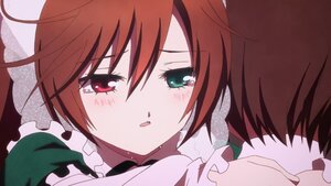 Rating: Safe Score: 0 Tags: 1boy 1girl blush brown_hair dress frills green_eyes image long_sleeves open_mouth red_eyes short_hair solo suiseiseki tears User: admin