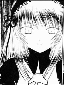 Rating: Safe Score: 0 Tags: 1girl bangs closed_mouth greyscale image long_hair looking_at_viewer monochrome simple_background solo suigintou upper_body white_background User: admin