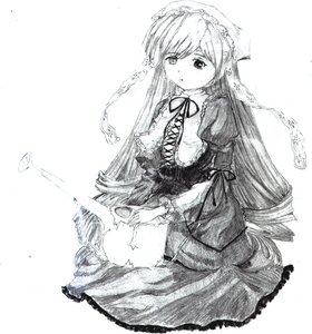 Rating: Safe Score: 0 Tags: 1girl dress eyebrows_visible_through_hair frills greyscale image long_hair long_sleeves looking_at_viewer monochrome neck_ribbon ribbon solo suiseiseki traditional_media very_long_hair white_background User: admin