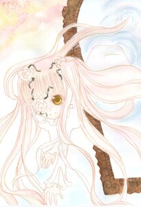 Rating: Safe Score: 0 Tags: 1girl blush floating_hair flower hair_flower hair_ornament image kirakishou long_hair long_sleeves looking_at_viewer pink_hair rose solo traditional_media upper_body very_long_hair white_flower User: admin