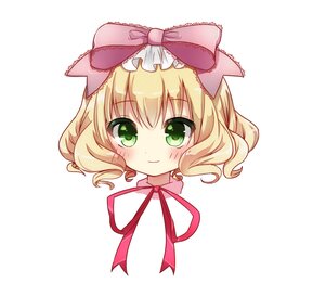 Rating: Safe Score: 0 Tags: 1girl bangs blonde_hair blush bow closed_mouth eyebrows_visible_through_hair green_eyes hair_bow hinaichigo image looking_at_viewer neck_ribbon pink_bow portrait ribbon simple_background smile solo striped striped_background white_background User: admin