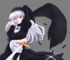 Rating: Safe Score: 0 Tags: 1girl black_wings dress feathered_wings feathers flower frills hairband holding image long_hair long_sleeves red_eyes rose smile solo suigintou transparent_background wings User: admin