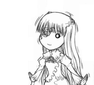 Rating: Safe Score: 0 Tags: 1girl dress greyscale hair_ornament image kirakishou long_hair looking_at_viewer monochrome simple_background smile solo two_side_up very_long_hair white_background User: admin