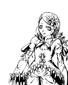 Rating: Safe Score: 0 Tags: 1girl cowboy_shot dress drill_hair flower greyscale hair_flower hair_ornament image kanaria long_sleeves looking_at_viewer monochrome simple_background smile solo twin_drills white_background User: admin