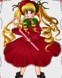 Rating: Safe Score: 0 Tags: 1girl black_footwear blonde_hair blue_eyes bonnet dress drill_hair flower full_body green_bow holding image long_hair long_sleeves looking_at_viewer red_dress rose shinku shoes solo standing twin_drills twintails User: admin