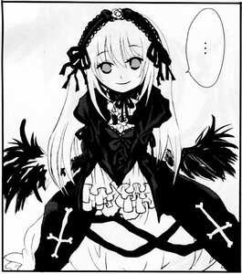 Rating: Safe Score: 0 Tags: ... 1girl black_border blush dress frills greyscale hairband image lolita_hairband long_hair long_sleeves looking_at_viewer monochrome shikishi simple_background smile solo spoken_ellipsis suigintou traditional_media wings User: admin