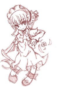 Rating: Safe Score: 0 Tags: 1girl dress flower full_body image long_hair long_sleeves looking_at_viewer monochrome rose shinku simple_background sketch smile solo standing white_background User: admin