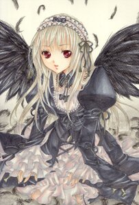 Rating: Safe Score: 0 Tags: 1girl angel_wings black_feathers black_wings dress feathered_wings feathers frills gothic_lolita hairband image lolita_fashion long_hair long_sleeves looking_at_viewer red_eyes ribbon solo suigintou traditional_media wings User: admin