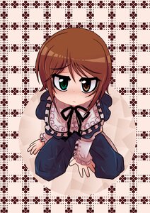 Rating: Safe Score: 0 Tags: 1girl all_fours arm_support bangs blush brown_hair dress frills from_above green_eyes heterochromia image long_sleeves looking_at_viewer red_eyes ribbon solo souseiseki User: admin