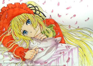 Rating: Safe Score: 0 Tags: 1girl bangs blonde_hair blue_eyes cherry_blossoms flower image long_hair long_sleeves looking_at_viewer lying petals rose_petals shinku solo striped traditional_media watercolor_(medium) watermark User: admin