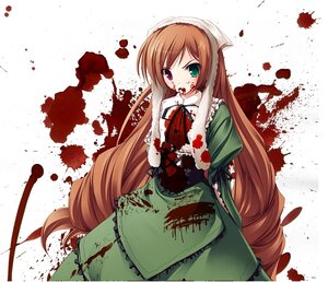 Rating: Safe Score: 0 Tags: 1girl blood blood_on_face blood_splatter blood_stain bloody_clothes bloody_hands bloody_weapon brown_hair dress green_dress green_eyes guro heterochromia image long_hair long_sleeves nosebleed open_mouth red_eyes solo suiseiseki very_long_hair yandere User: admin