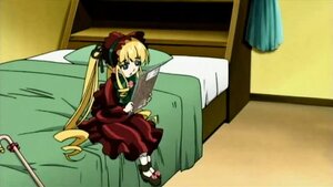 Rating: Safe Score: 0 Tags: 1girl bed blonde_hair blue_eyes bonnet bow curtains dress image long_hair long_sleeves red_dress shinku shoes sitting solo twintails very_long_hair User: admin