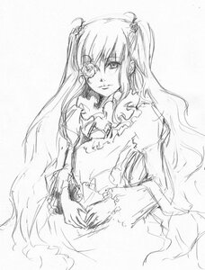 Rating: Safe Score: 0 Tags: 1girl dress frills greyscale hair_ornament image kirakishou long_hair long_sleeves looking_at_viewer monochrome sketch solo two_side_up very_long_hair User: admin