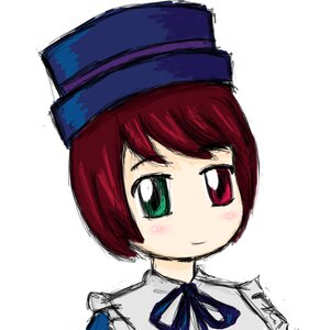 Rating: Safe Score: 0 Tags: 1girl blue_neckwear blush eyebrows_visible_through_hair green_eyes hat heterochromia image looking_at_viewer portrait red_eyes red_hair ribbon short_hair simple_background sketch smile solo souseiseki white_background User: admin