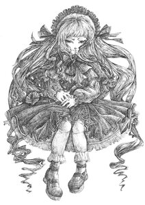 Rating: Safe Score: 0 Tags: 1girl bonnet dress frills graphite_(medium) greyscale image long_hair long_sleeves monochrome ribbon shinku shoes solo traditional_media very_long_hair User: admin