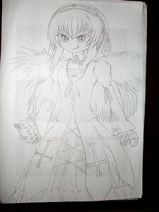 Rating: Safe Score: 0 Tags: 1girl dress evil_smile frills greyscale hairband image long_hair long_sleeves looking_at_viewer monochrome simple_background smile solo suigintou traditional_media wings User: admin