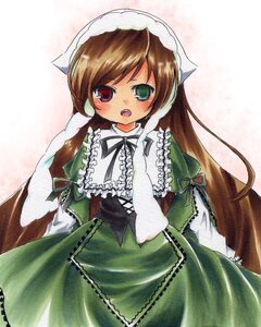 Rating: Safe Score: 0 Tags: 1girl brown_hair dress frills green_dress head_scarf heterochromia image long_hair long_sleeves looking_at_viewer open_mouth red_eyes simple_background solo suiseiseki very_long_hair white_background User: admin