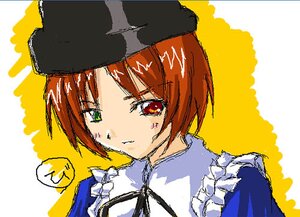 Rating: Safe Score: 0 Tags: 1girl green_eyes hat heterochromia image looking_at_viewer red_eyes short_hair simple_background solo souseiseki upper_body yellow_background User: admin