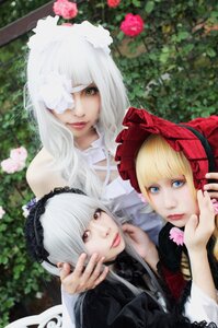 Rating: Safe Score: 0 Tags: 3d 4girls bangs blonde_hair blue_eyes blunt_bangs blurry bonnet day eyepatch flower hairband hat lips long_hair looking_at_viewer multiple_cosplay multiple_girls photo realistic red_eyes red_lips rose tagme white_hair User: admin