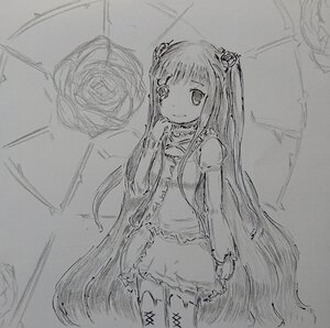 Rating: Safe Score: 0 Tags: 1girl dress greyscale image kirakishou long_hair looking_at_viewer monochrome sketch smile solo standing traditional_media twintails very_long_hair User: admin