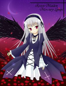 Rating: Safe Score: 0 Tags: 1girl black_wings dress flower frills hairband image long_hair long_sleeves looking_at_viewer moon night red_flower red_rose rose silver_hair sky smile solo spider_lily star_(sky) suigintou wings User: admin