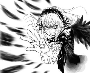 Rating: Safe Score: 0 Tags: 1girl auto_tagged black_wings dress feathered_wings feathers frills greyscale hairband image lolita_hairband long_hair long_sleeves looking_at_viewer monochrome motion_blur smile solo suigintou upper_body wings User: admin