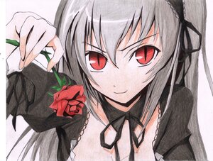 Rating: Safe Score: 0 Tags: 1girl black_ribbon dress flower frills holding holding_flower image long_hair looking_at_viewer millipen_(medium) red_eyes red_flower red_rose ribbon rose silver_hair smile solo suigintou traditional_media User: admin
