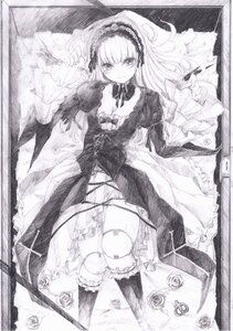 Rating: Safe Score: 0 Tags: 1girl doll_joints dress flower frills gothic_lolita graphite_(medium) greyscale hairband joints lolita_fashion lolita_hairband long_hair long_sleeves looking_at_viewer lying monochrome rose solo suigintou traditional_media User: admin