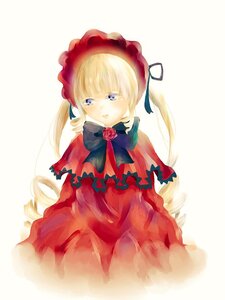 Rating: Safe Score: 0 Tags: 1girl blonde_hair blue_eyes bonnet bow capelet dress flower image long_hair long_sleeves looking_at_viewer red_dress red_flower red_rose rose shinku simple_background solo white_background User: admin