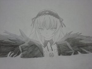 Rating: Safe Score: 0 Tags: 1girl black_wings dress feathered_wings feathers flower greyscale hairband image long_hair long_sleeves looking_at_viewer monochrome rose simple_background solo suigintou traditional_media upper_body wings User: admin