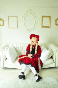 Rating: Safe Score: 0 Tags: 1girl blonde_hair bonnet bow dress frills pantyhose pillow shinku sitting solo twintails white_legwear User: admin